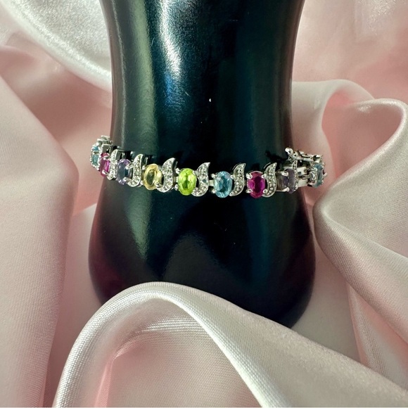 Sterling Silver Multi-Gemstone Tennis Bracelet – Oval Cut Sparkle, 7.5" - Picture 5 of 13